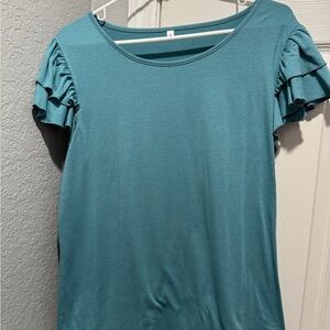 Teal and Grey Ruffle Sleeve Women's Top